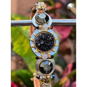 LIZTECH Artisan Black Crystal Floral & Opalite Copper Tone Cuff Bracelet